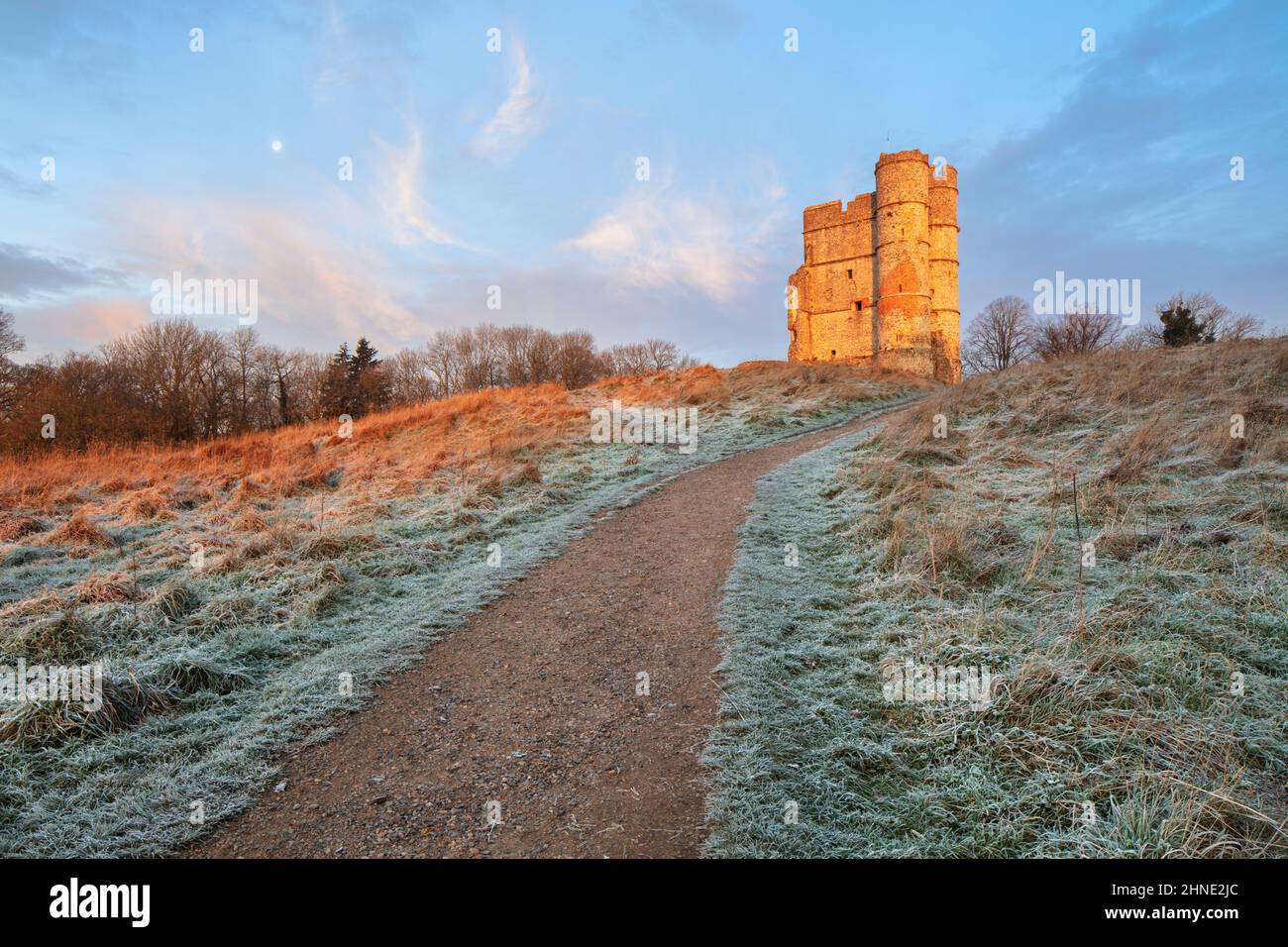 Sentier menant aux ruines du château de Donnington le matin d'hiver glacial, Newbury, Berkshire, Angleterre, Royaume-Uni, Europe Banque D'Images