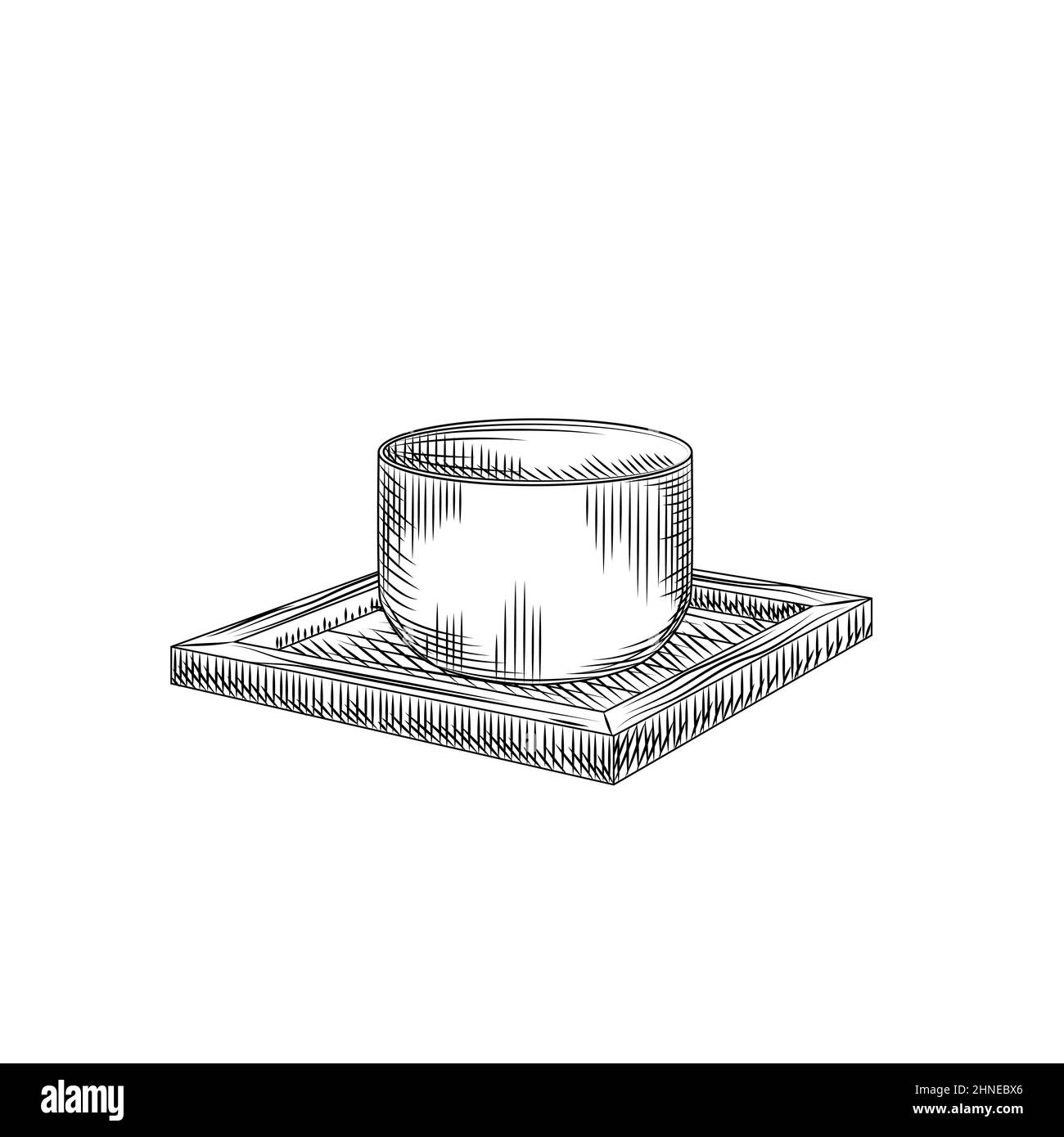 Gobelet à saké japonais isolé sur fond blanc. Verre de riz traditionnel asiatique à boire avec alcool sur un support en bois. Gravure de style vintage. Illustration vectorielle Illustration de Vecteur