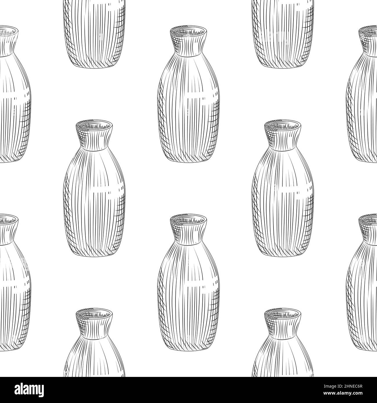 Motif japonais sans couture sur fond blanc. Dessin de saké en céramique tiré à la main. Décor traditionnel asiatique de boissons alcoolisées à base de riz. Gravure vi Illustration de Vecteur