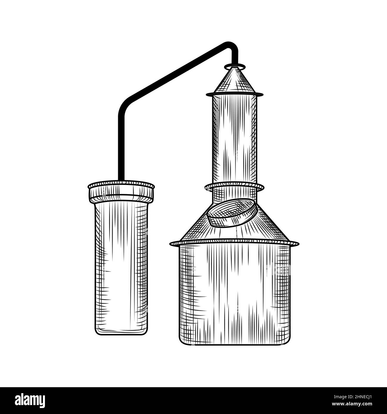 Style gravé vintage en Alembic. Cube en cuivre isolé sur fond blanc. Illustration de la distillation manuelle d'un vecteur d'alcool Illustration de Vecteur