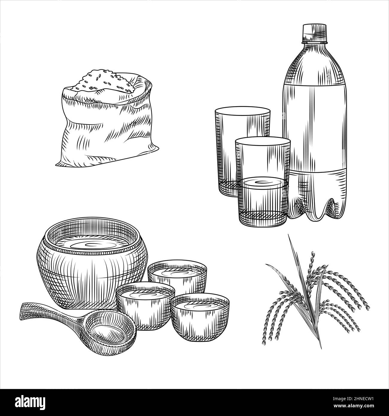 Ensemble de makgeolli. Alcool traditionnel coréen boire du vin de riz. Sac de riz, bouteille en plastique, verre, céramique, branche de riz isolée sur fond blanc Illustration de Vecteur