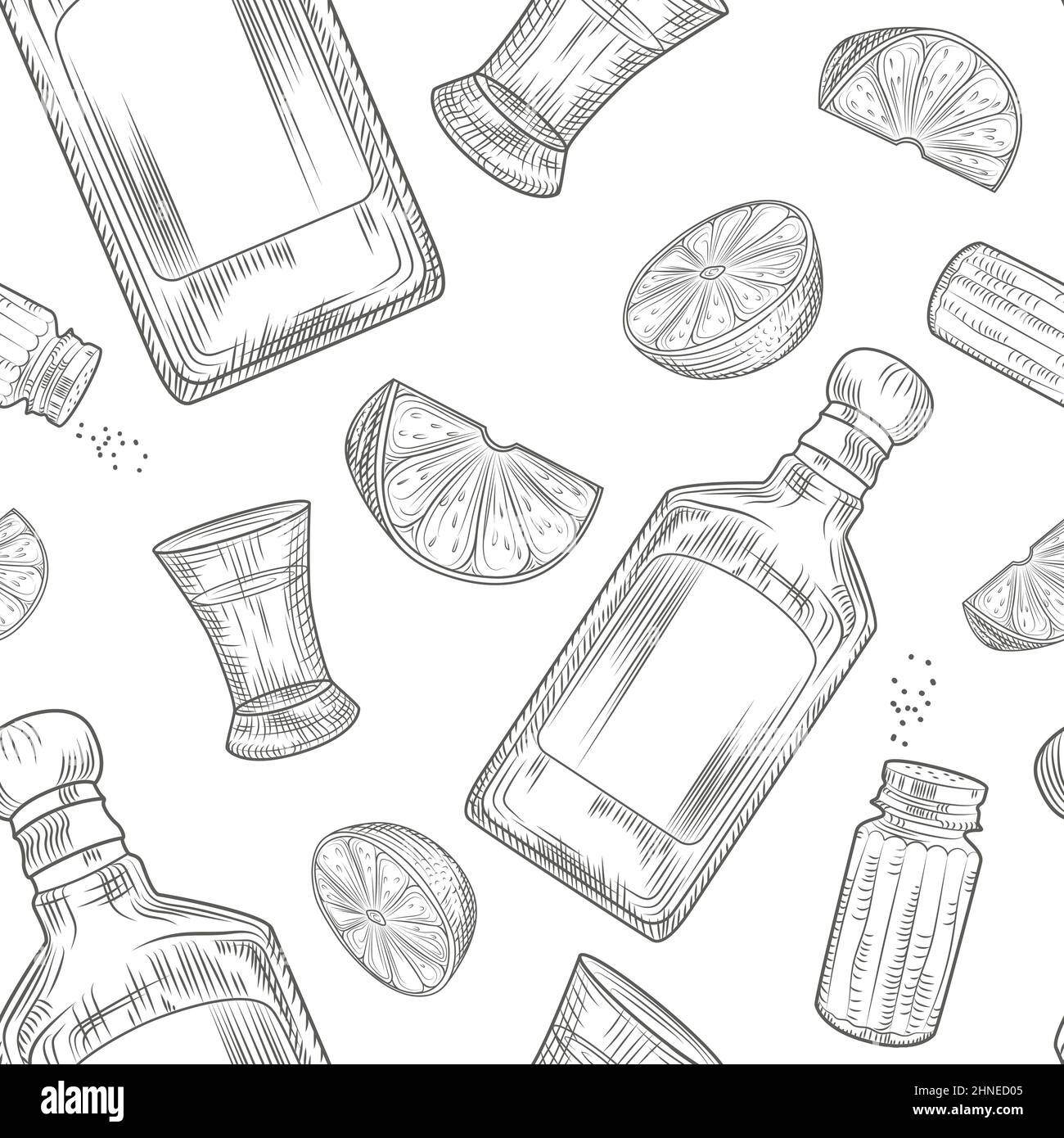Motif Tequila sans coutures. Verre à feu et bouteille de tequila, sel, lime. Gravure de style vintage. Illustration vectorielle. Illustration de Vecteur