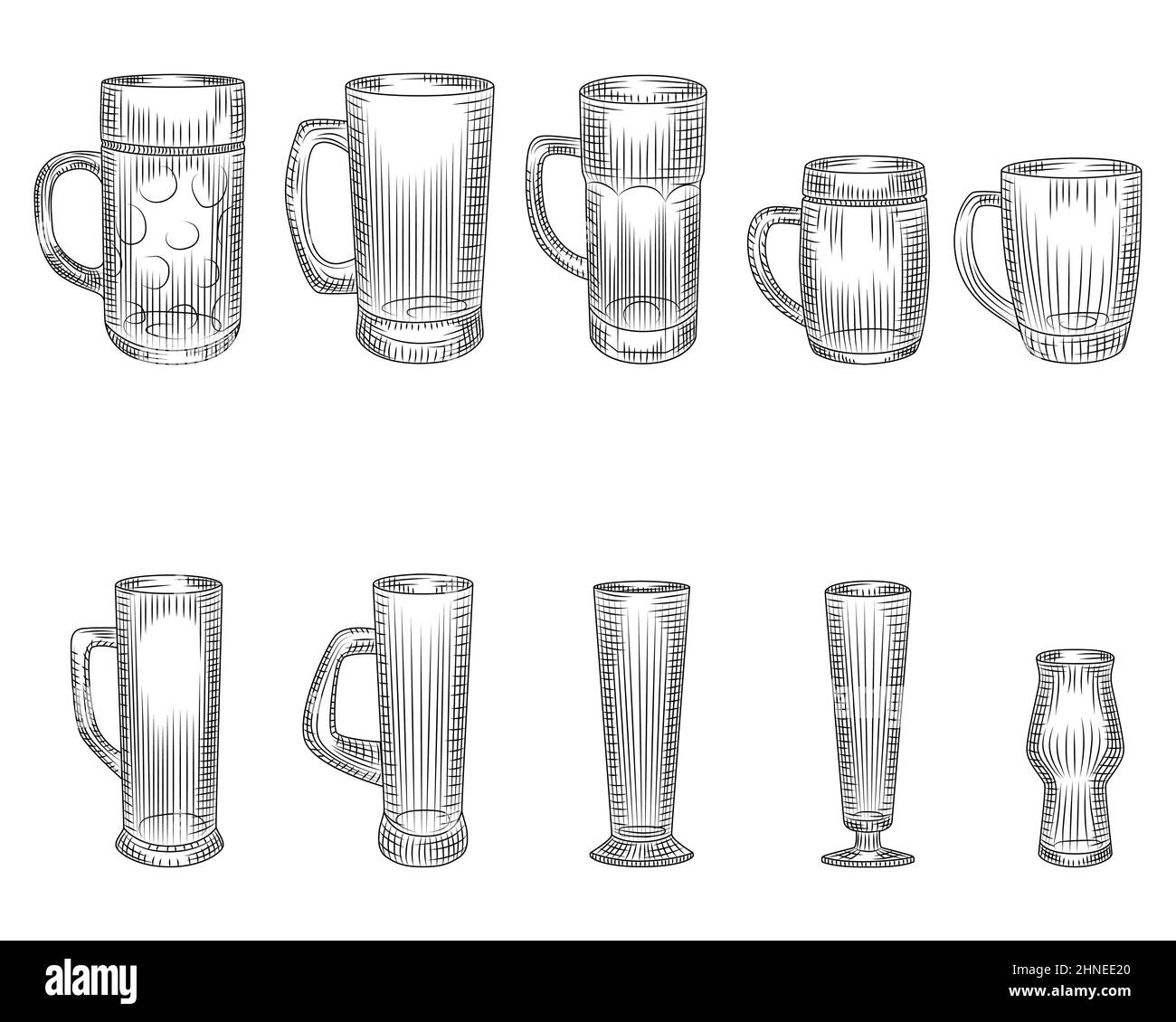Ensemble de verres à bière et de tasses différents. Silhouette de la tasse à bière. Verre ou boisson alcoolisée. Elément pour la conception de menus barres. Gravure de style vintage. Rétro-vecteur Illustration de Vecteur