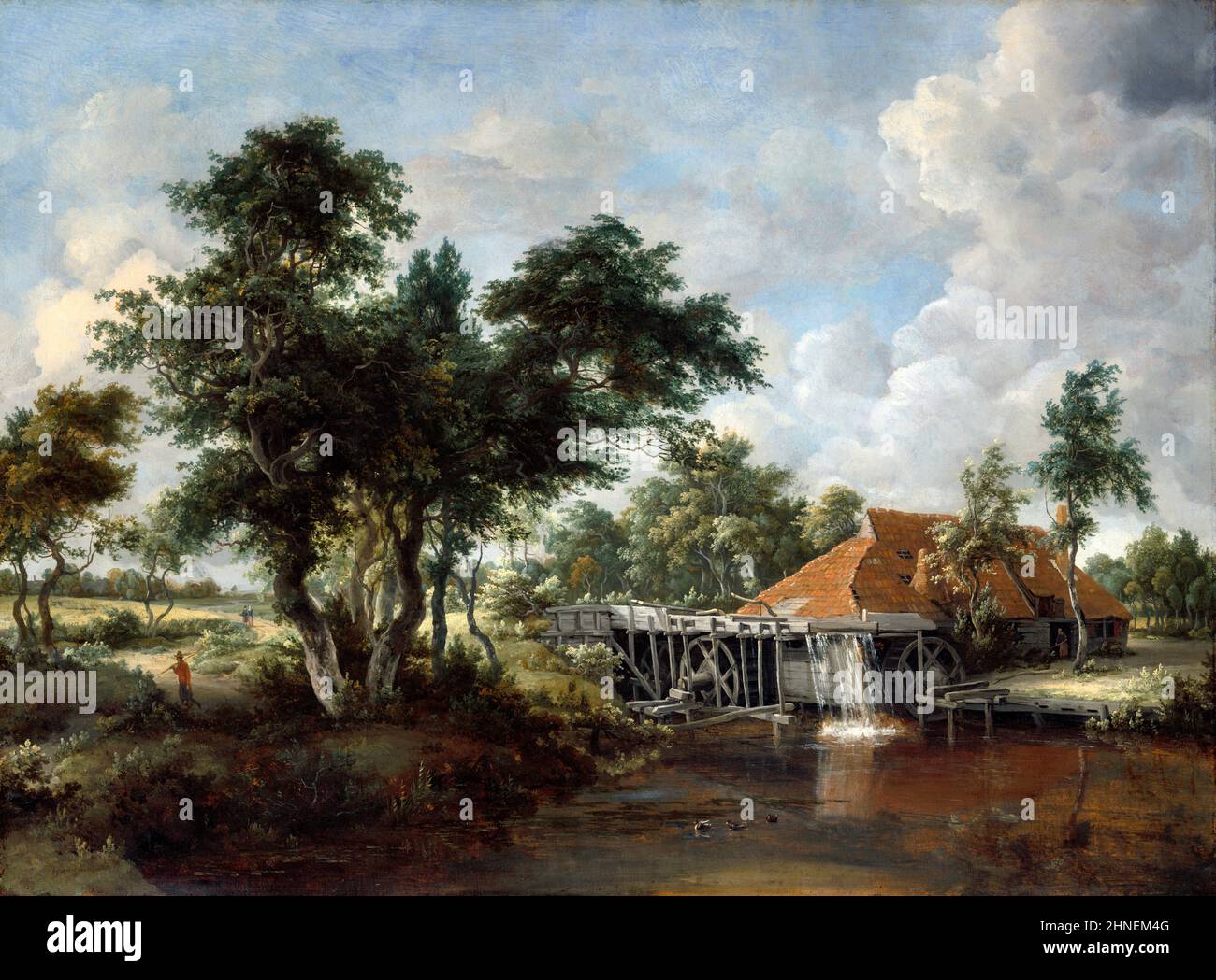 Le moulin à eau avec le Grand toit rouge par l'artiste néerlandais de l'âge d'or, Meindert Hobbema (1638-1709), huile sur toile, 1662/65 Banque D'Images