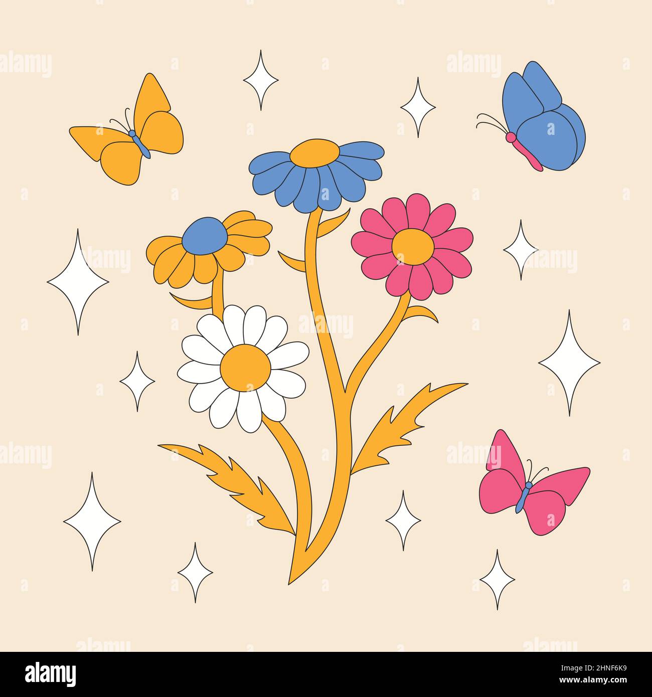 Pâquerettes rétro avec papillons et sparkles. Fleurs d'été. Illustration de Vecteur