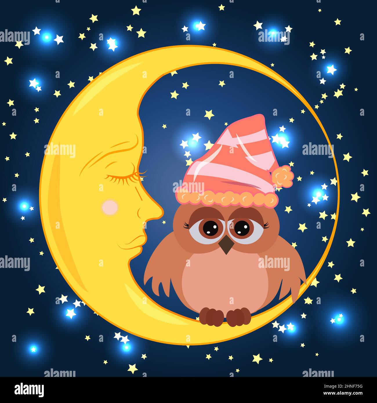 Un chouette chouette de dessin animé dans un chapeau de couchage est assis sur un croissant de lune somnolent sur le fond du ciel nocturne avec des étoiles. Illustration de Vecteur