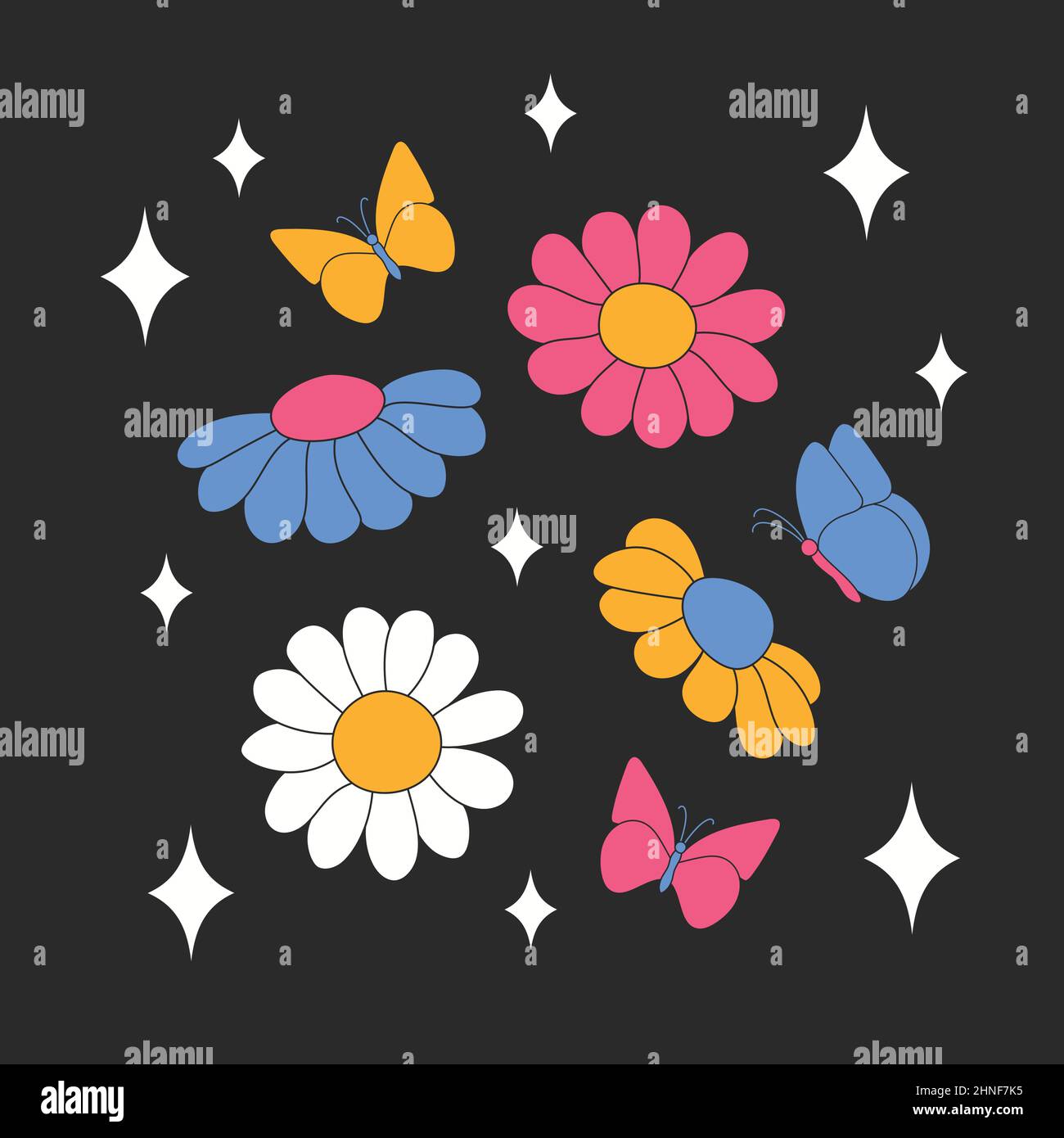 Pâquerettes rétro avec papillons et sparkles. Fleurs d'été. Illustration de Vecteur