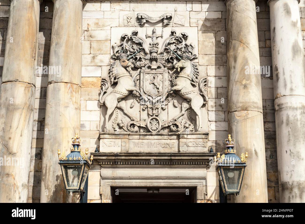 Renaissance, armoiries écossaises au-dessus de l'entrée principale, licornes, résidence de la reine britannique en Écosse, Holyrood Palace, palais de Banque D'Images