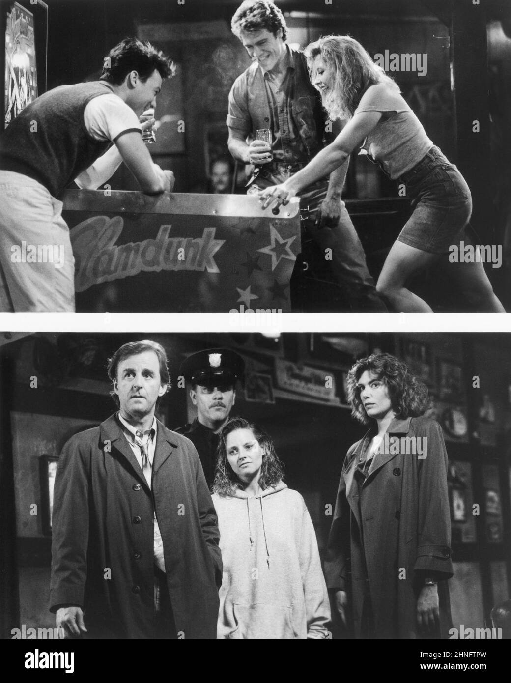 Jodie Foster, Kelly McGillis, Terry David Mulligan, Woody Brown, sur la scène du film, « l'accusé », photo de Rob McEwan pour Paramount Pictures, 1988 Banque D'Images