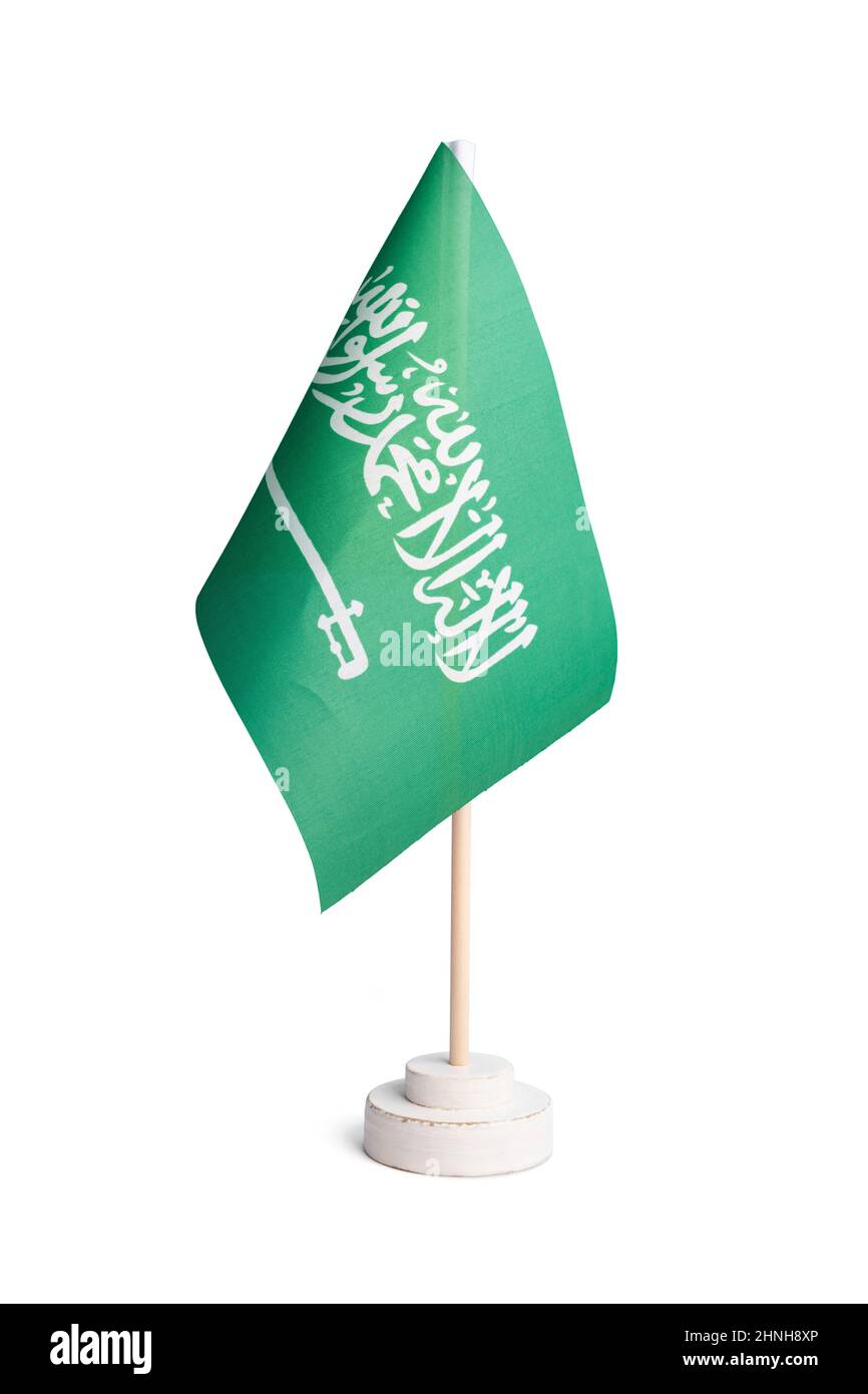 Petit drapeau de table de l'Arabie Saoudite isolé sur fond blanc Banque D'Images