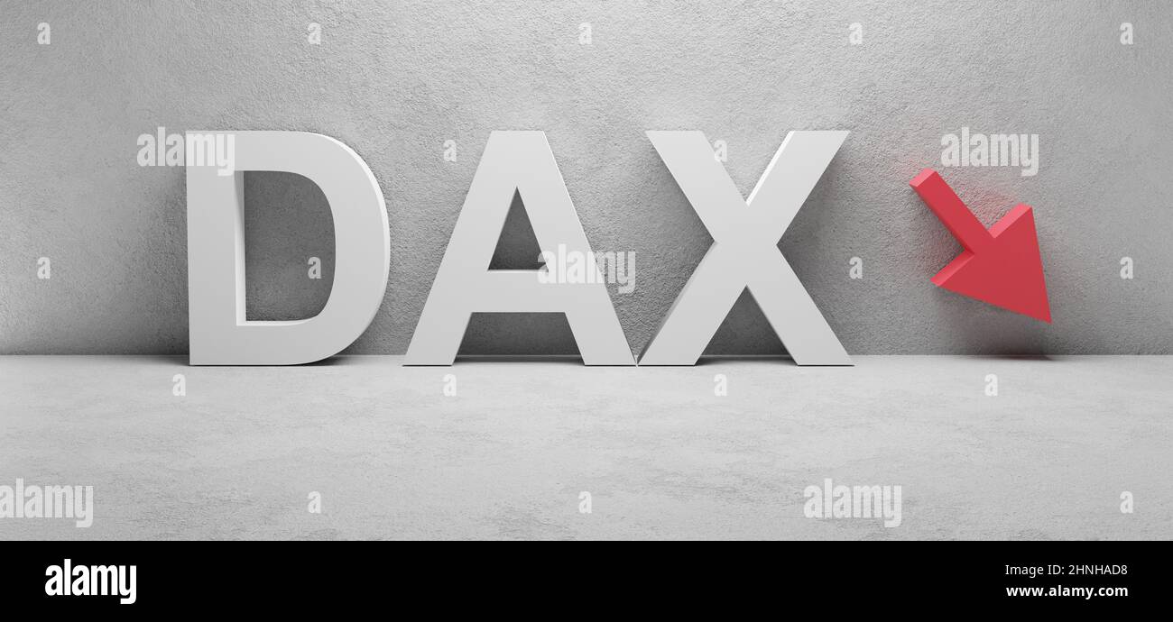 cgi affiche l'illustration du mot blanc DAX devant un mur en béton blanc, flèche rouge vers le bas Banque D'Images