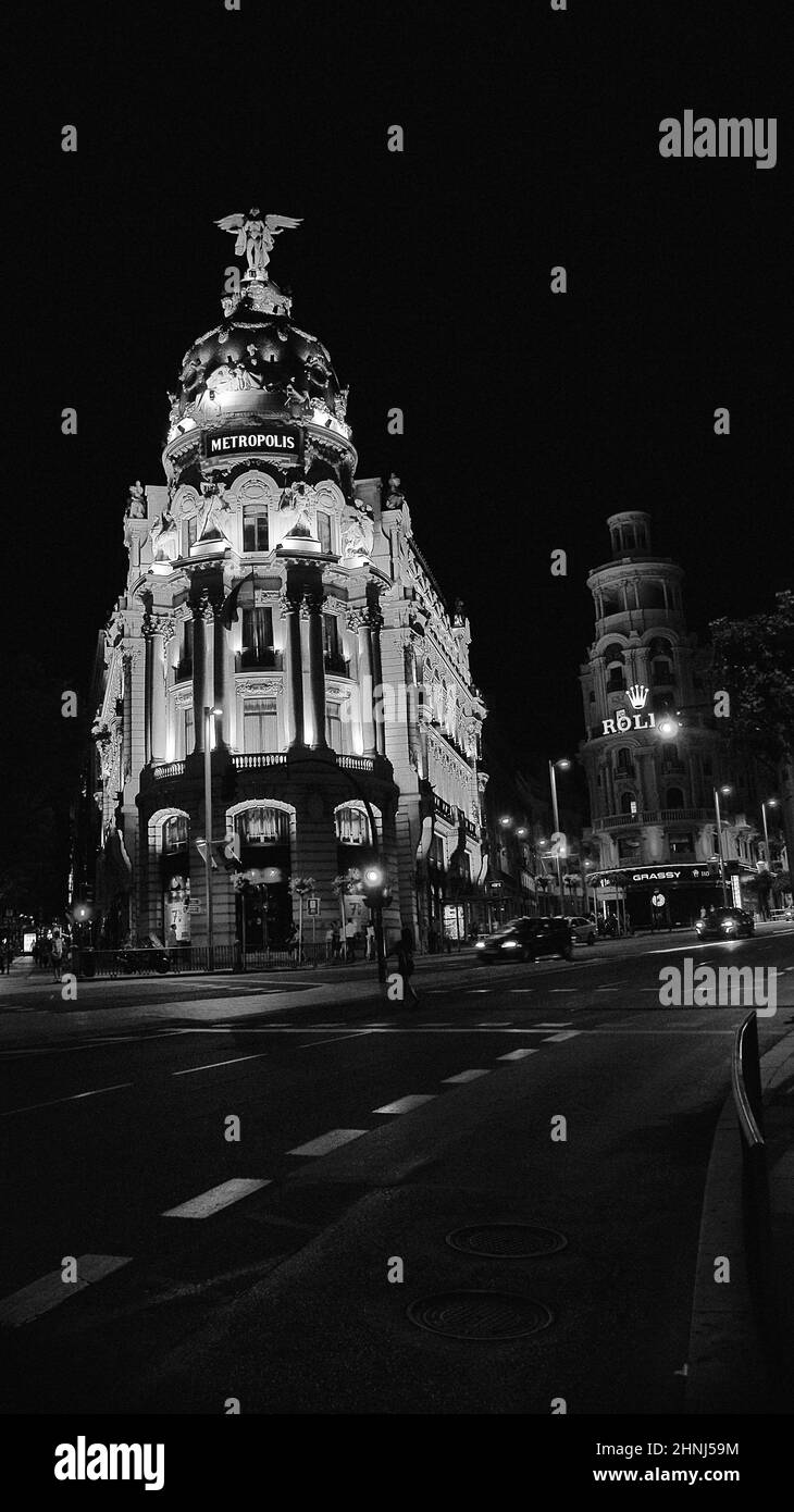 Façade de bâtiments sur Gran via à Madrid, Espagne, Europe Banque D'Images