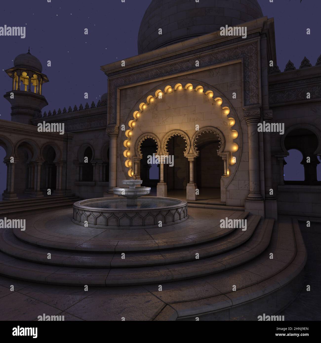3d illustration d'un lieu de fantaisie avec un bâtiment arabe ou indien la nuit Banque D'Images