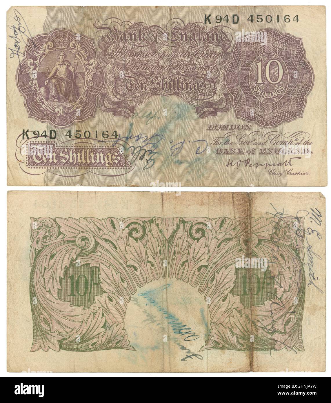 Vers 1940-48, dix notes de shillings, Angleterre, inverse et inverse. Taille réelle : 137mm x 77mm. Banque D'Images