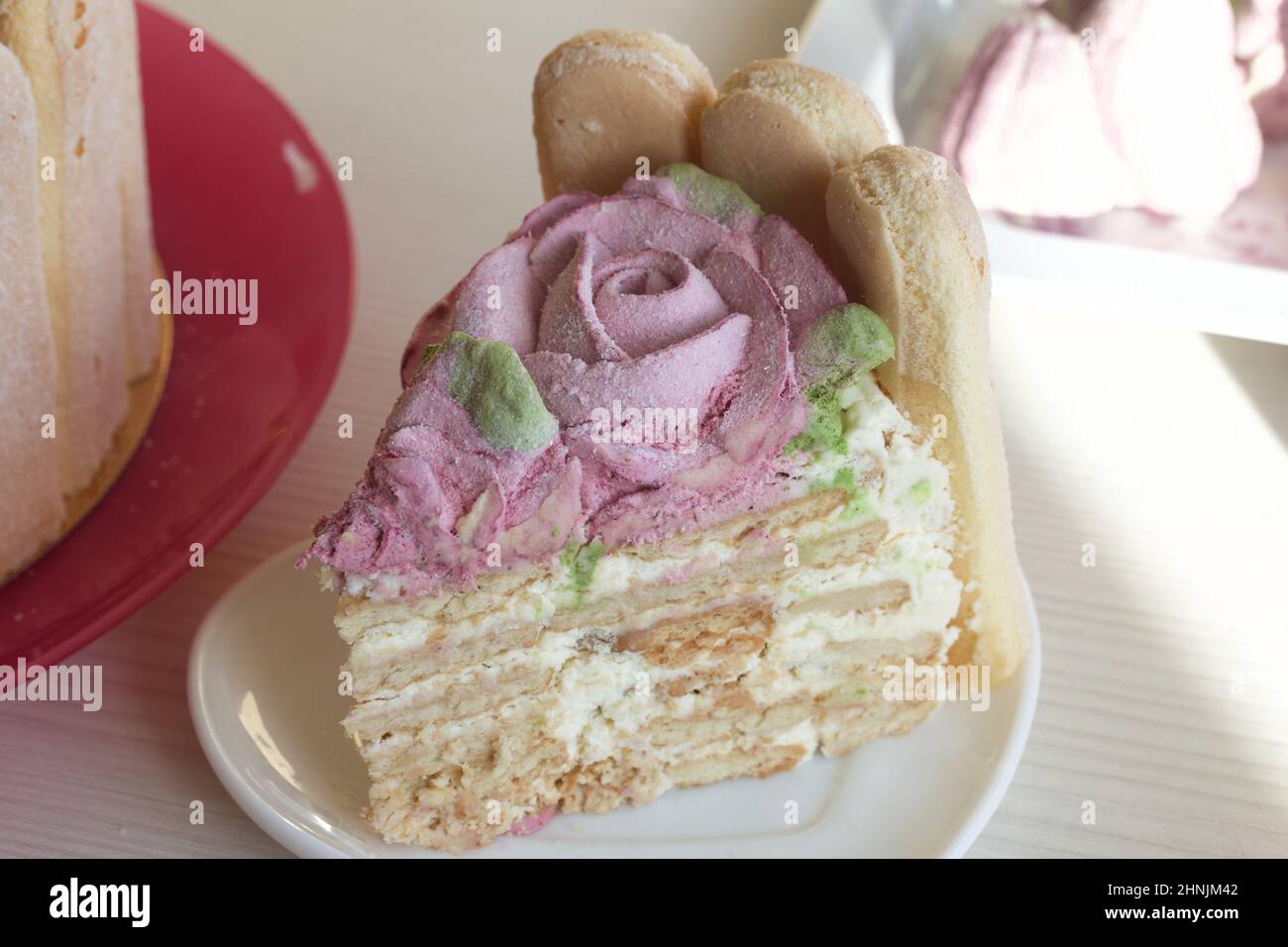 Gâteau avec biscuits Savoiardi et roses guimauves. Un morceau de gâteau est coupé. Attaché avec ruban. Le ruban est attaché dans un noeud. Banque D'Images