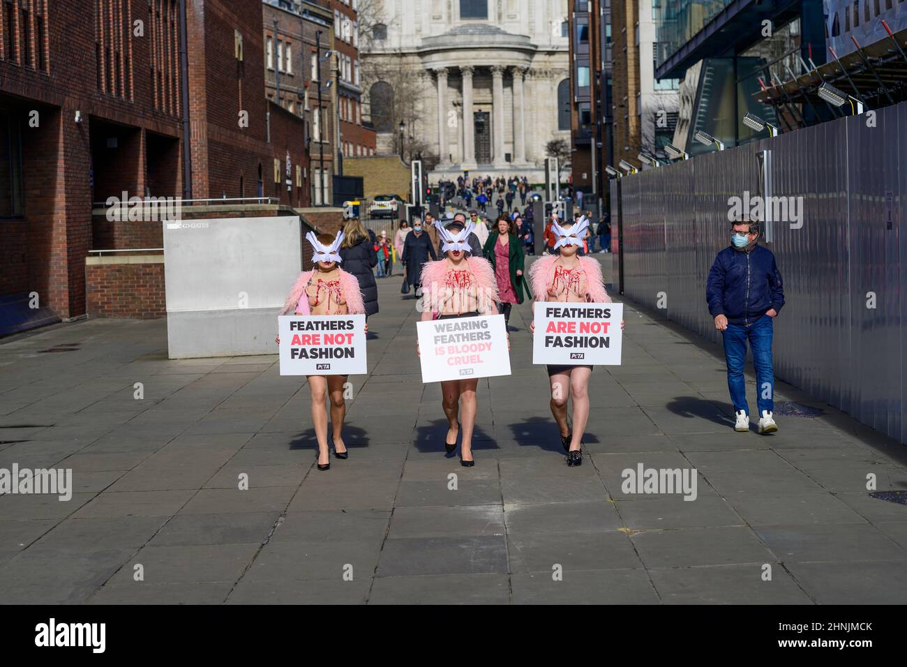 Millennium Bridge, Londres, Royaume-Uni. 17 février 2022. Pour protester contre l'utilisation des plumes à la London Fashion week, un troupeau de partisans du PETA font du Millennium Bridge leur passerelle le jeudi 17th février. Avec des masques pour oiseaux et des coffres « sanglants et pluchés » exposés, ils mettent en lumière le sort des oiseaux dont les plumes sont arrachées pour les vêtements et accessoires de mode. « Le plumage appartient aux oiseaux doux, et les humains n’ont pas le droit du déchirer par la poignée », explique Elisa Allen, directrice du PETA. « PETA exhorte tout le monde à faire une déclaration de mode de la manière la plus gentille, avec de fabuleux textiles végétaliens. » Crédit: Malcolm Park/A Banque D'Images