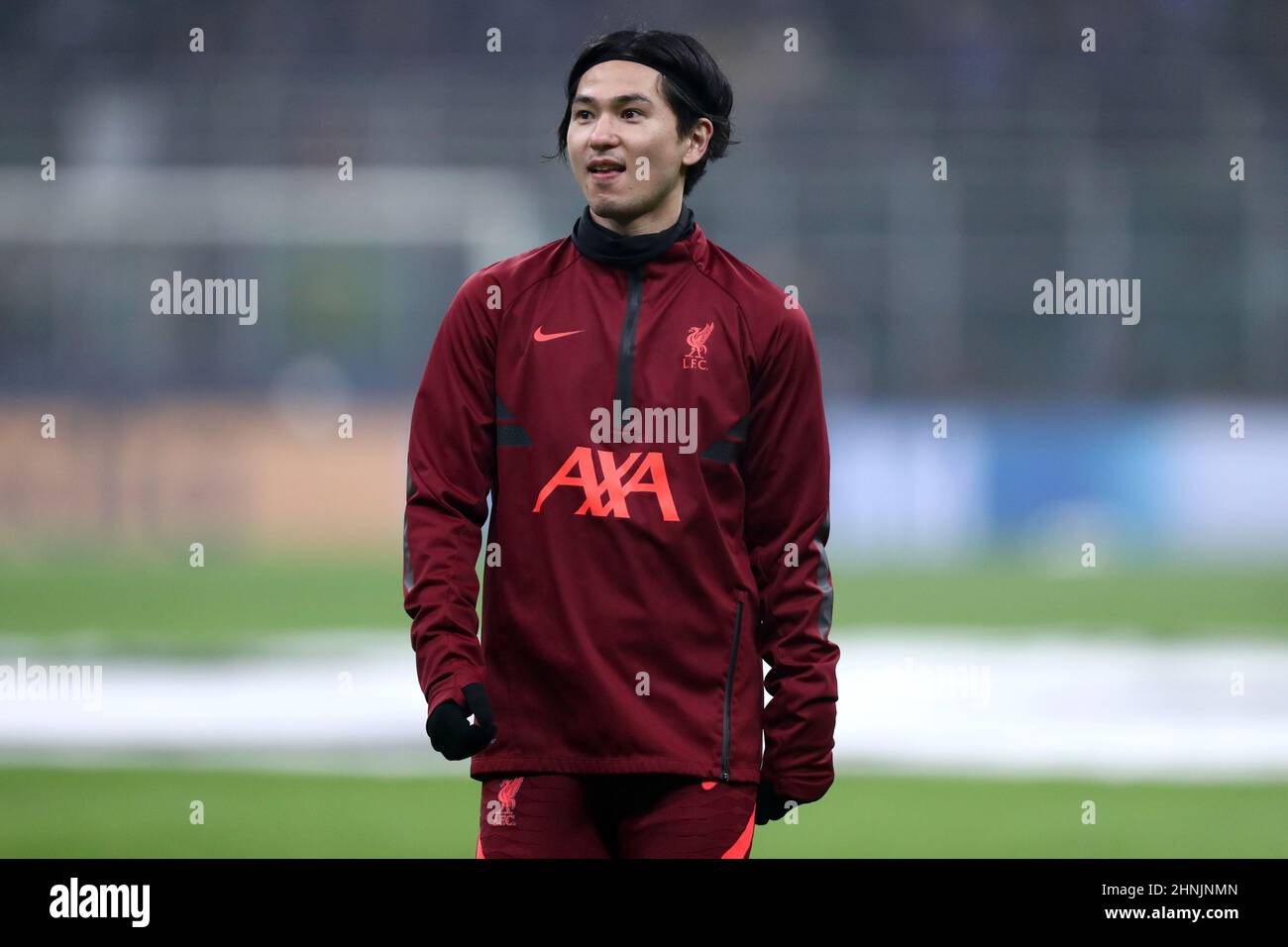 Milan, Italie, 16 février 2022, Takumi Minamino du FC Liverpool lors de l'échauffement avant le tournoi de la Ligue des champions de l'UEFA un match entre le FC Internazionale et le FC Liverpool au Stadio Giuseppe Meazza le 16 février 2022 à Milan, Italie . Banque D'Images