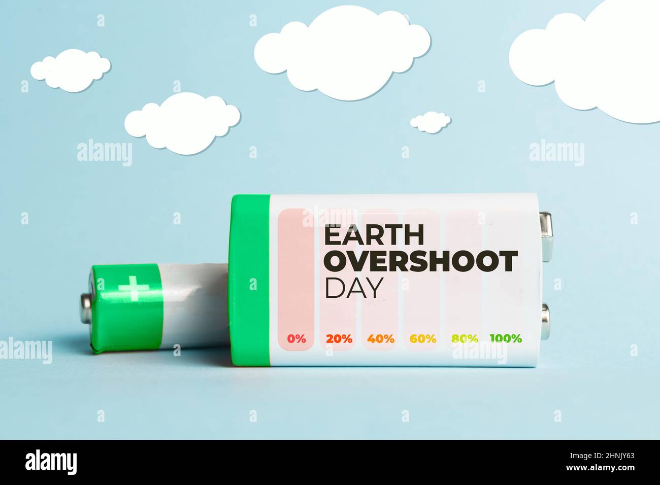 Concept de jour de dépassement de la terre : batteries sur fond bleu pastel avec quelques nuages peints Banque D'Images