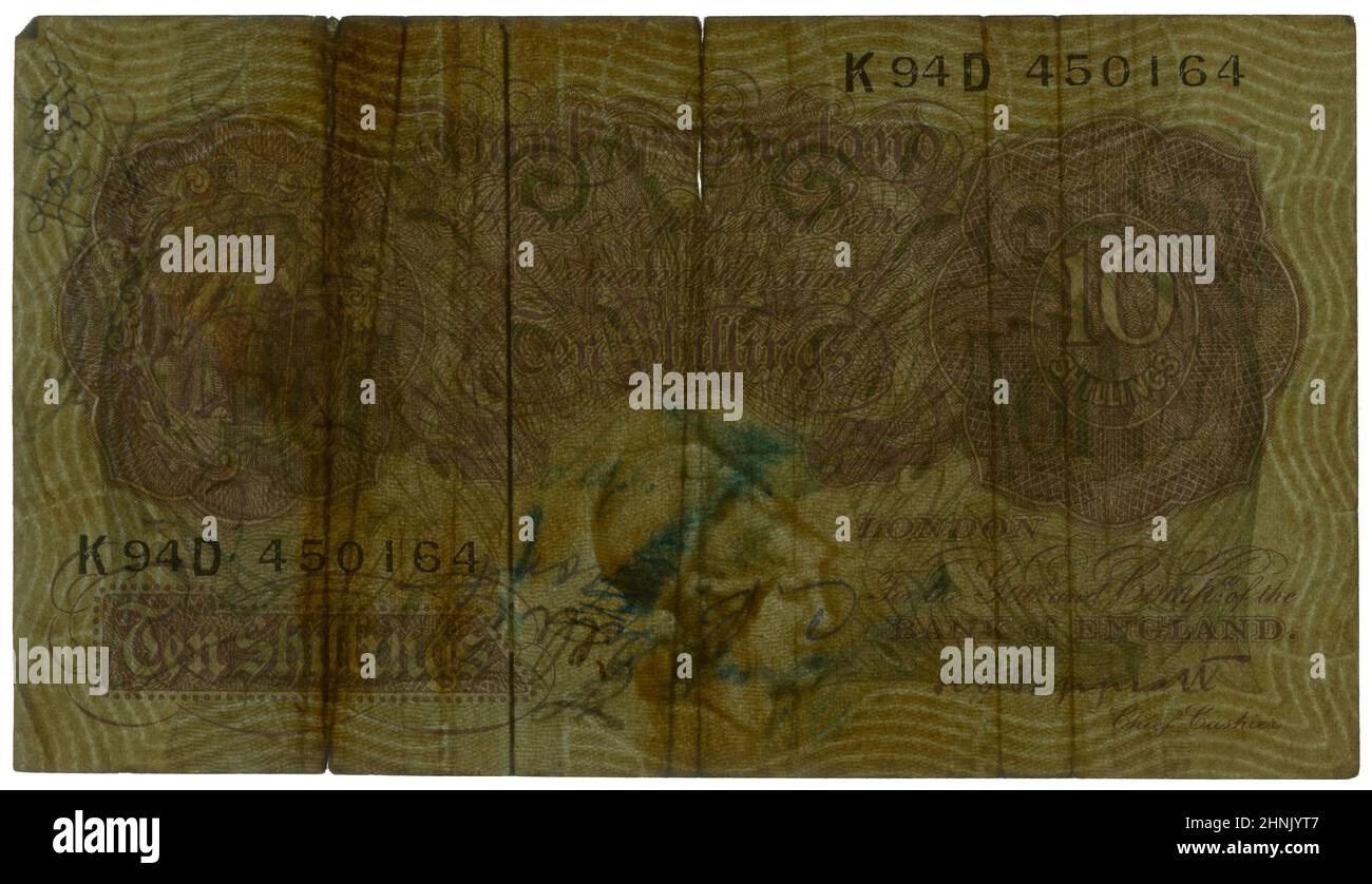 Rétroéclairage pour afficher les filigranes. Vers 1940-48, dix notes de shillings, Angleterre. Taille réelle : 137mm x 77mm. Banque D'Images