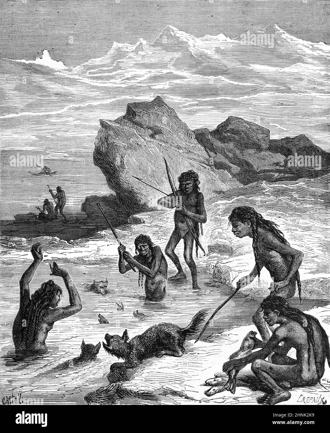 Kawesqur, aka Kaweskar, Alaclauf, Alaclaufe ou Halakwulup peuples autochtones, Amérindiens ou nomades de la mer pêche des oursins Tierra del Fuego ou Patagonie chilienne, Amérique du Sud. Illustration ancienne ou gravure 1878 (Castelli) Banque D'Images