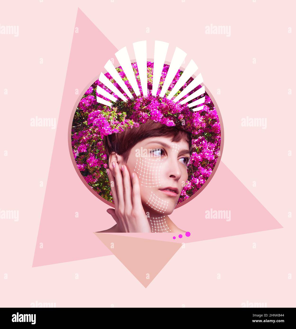 Le concept de levage, de peau, de chirurgie plastique. Femme visage avec des marques et des flèches. Design artistique Banque D'Images