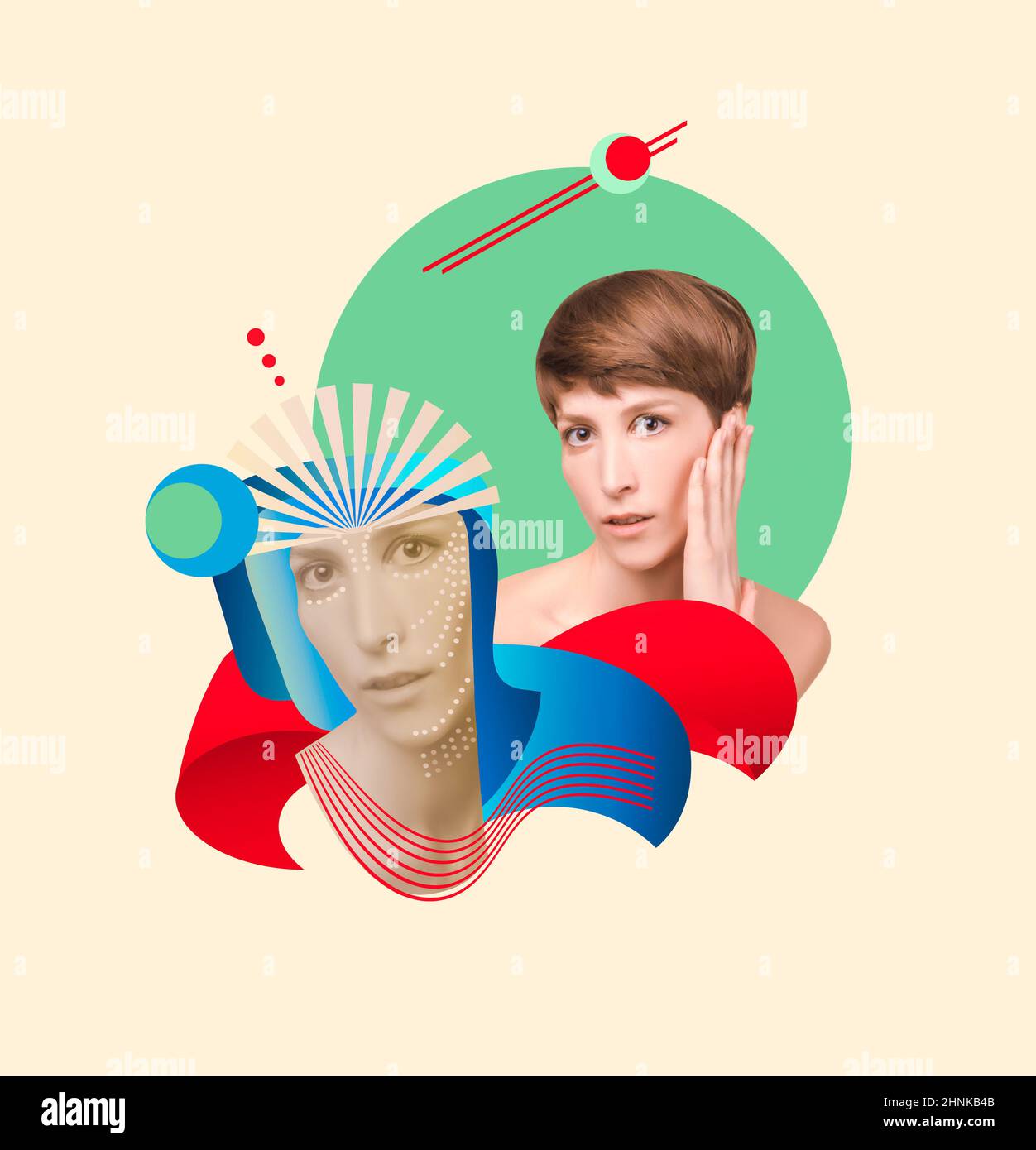 Le concept de levage, de peau, de chirurgie plastique. Femme visage avec des marques et des flèches. Design artistique Banque D'Images