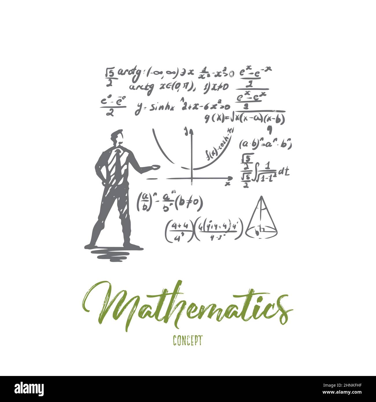 Mathématiques, éducation, sciences, école, concept d'étude. Vecteur isolé tracé à la main. Banque D'Images