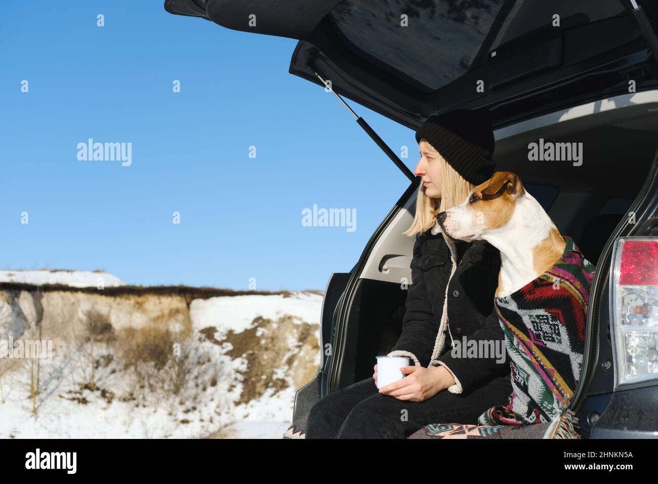 Femme et son chien s'assoient dans le tronc d'un SUV et profitent de la vue d'hiver lors d'une journée ensoleillée, en se concentrant sur l'être humain. Voyager, camper et explorer Banque D'Images