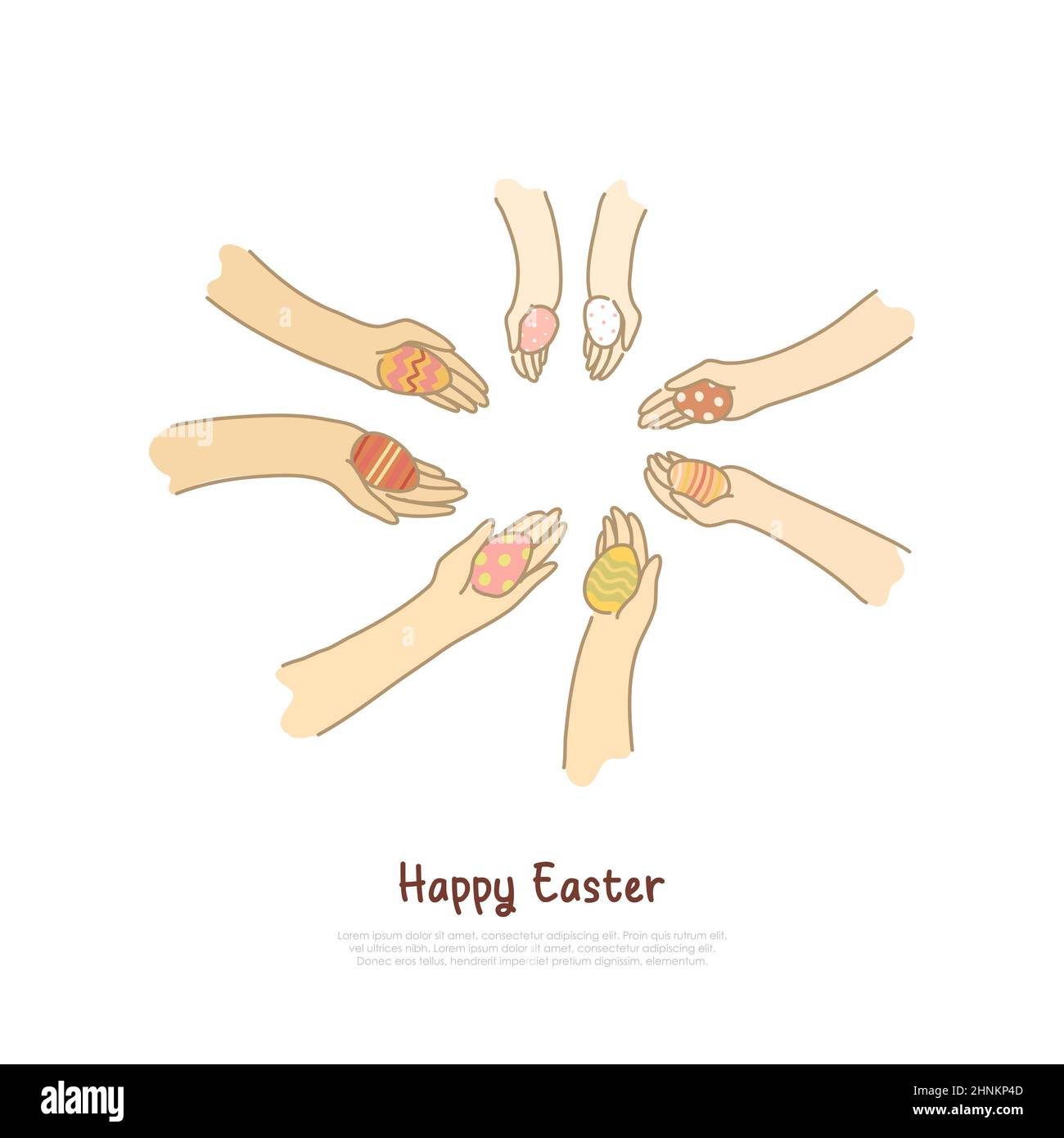 Pysanka décorée entre les mains, personnes partageant des cadeaux, togethness, jeu de pâques, bannière de chasse aux œufs Pascal. La tradition religieuse de vacances de printemps concep Banque D'Images