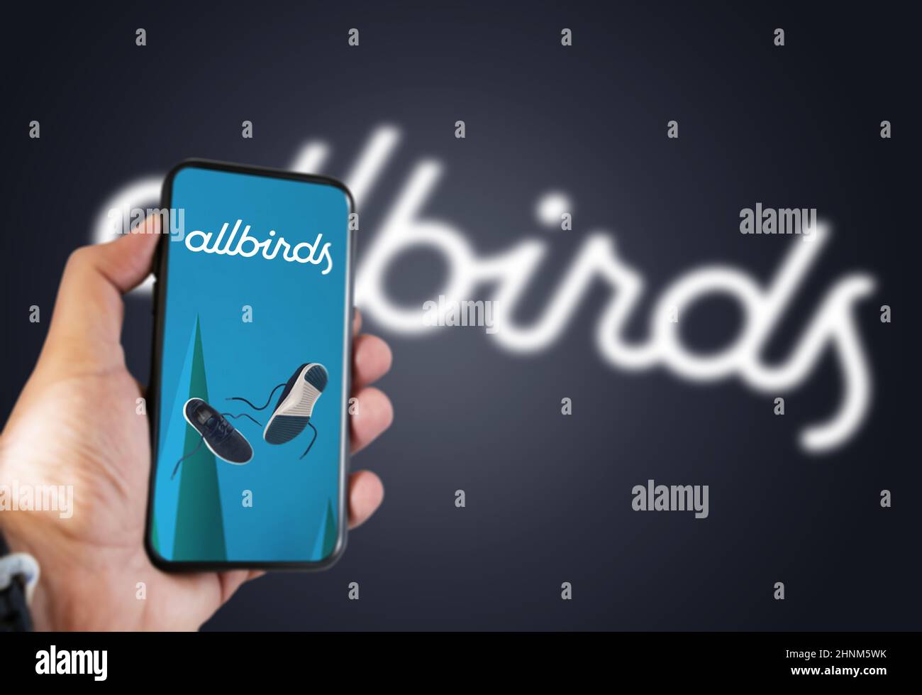 Main tenant un téléphone avec l'application mobile Allbirds à l'écran et le logo flou sur fond bleu Banque D'Images