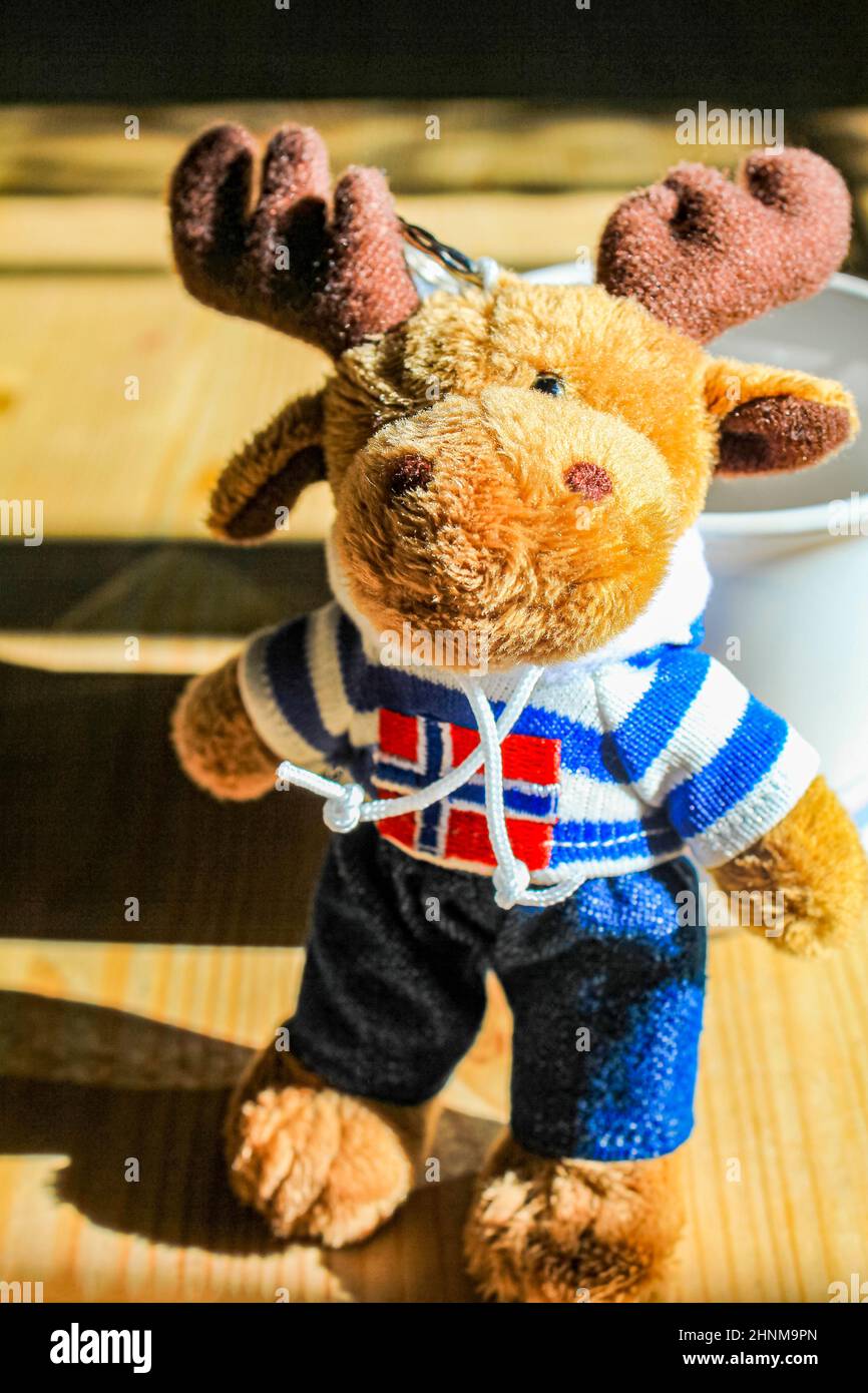 Adorable jouet doux orignal avec drapeau norvégien et chemise bleue. Banque D'Images