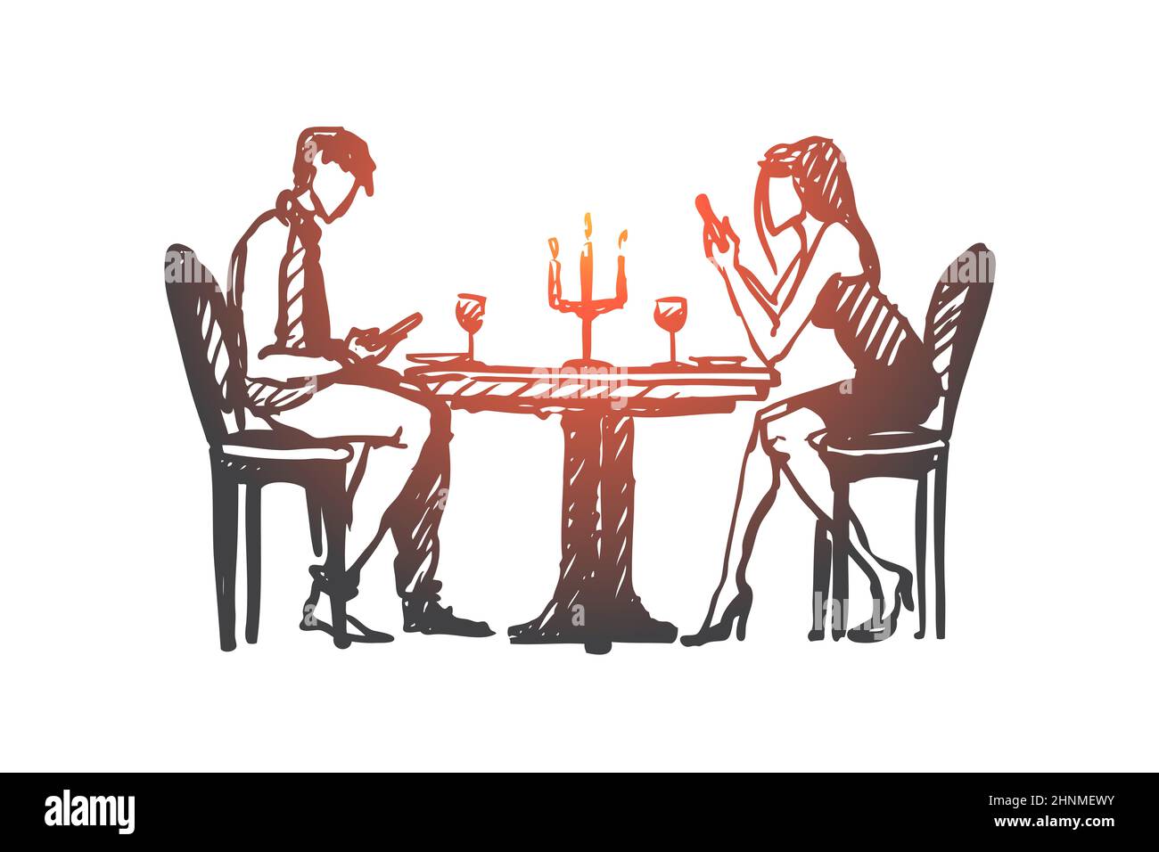 Concept de réseau dépendant. Un jeune couple attiré à la main dans un café prêtez plus d'attention à leurs téléphones que les autres illustrations vectorielles isolées. Isolé Banque D'Images