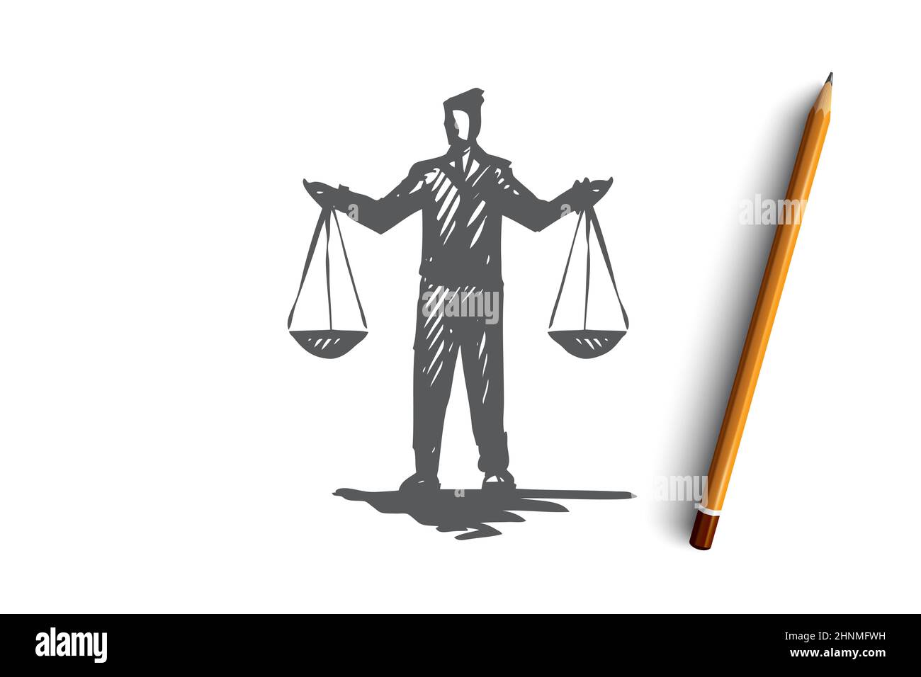 Équilibre, équilibre, égalité, échelle, notion de justice. Dessin de concept de personne dessinée à la main avec des échelles en mains. Illustration vectorielle isolée. Banque D'Images