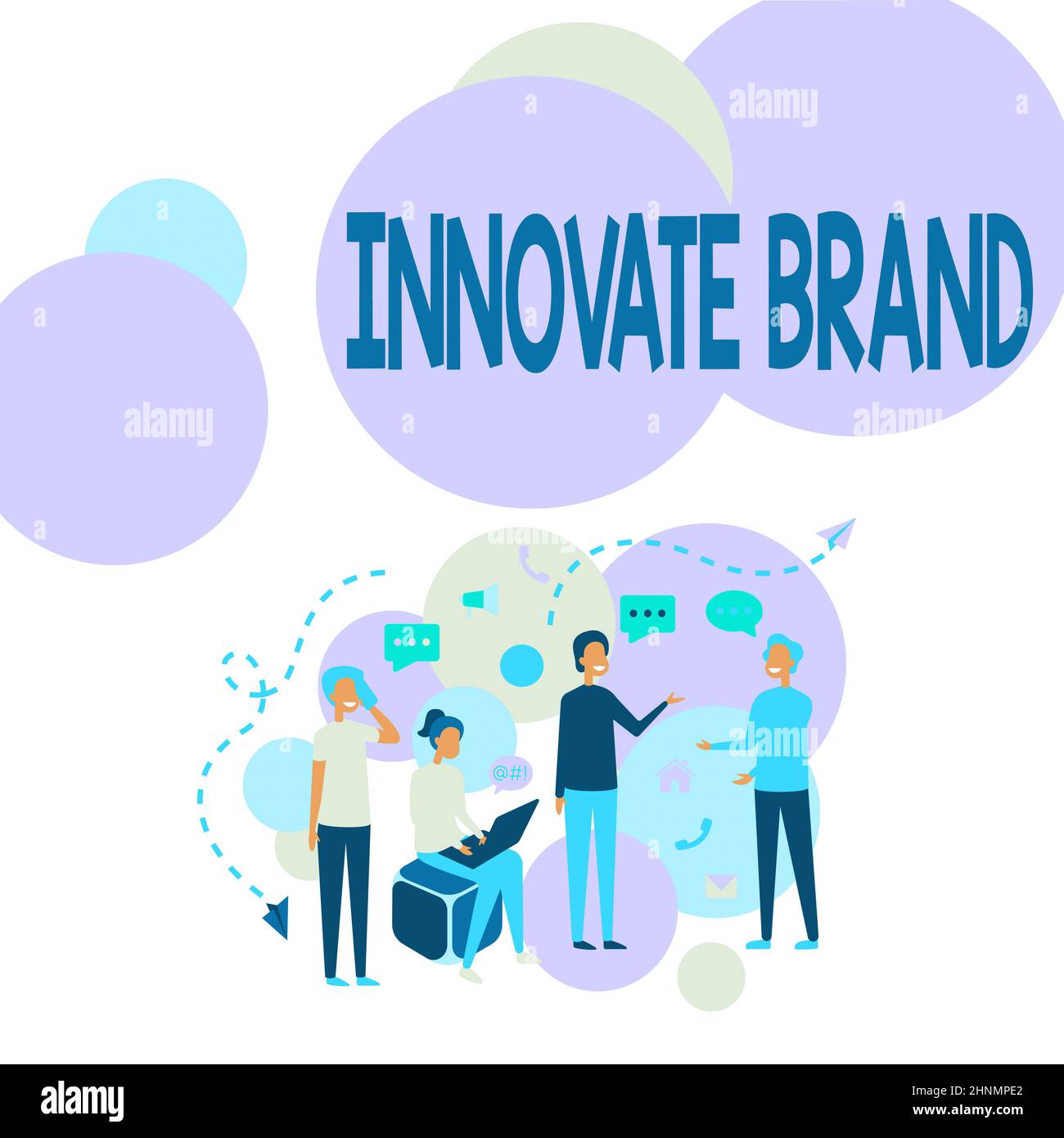 Affichage de panneaux innover marque, concept Internet important pour innover produits, services et plus quatre collègues Illustration avoir des conversations Banque D'Images