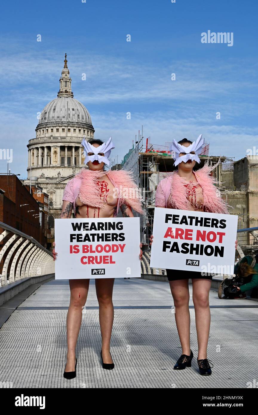 Londres, Royaume-Uni. Les activistes PETA portant des masques d'oiseau et des 'bloued et plucked chêtess' ont protesté contre l'utilisation des plumes à la London Fashion week, Millenium Bridge, Londres. Banque D'Images