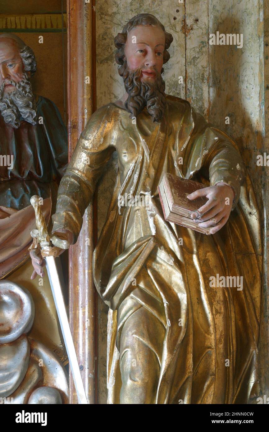 Saint Paul, statue sur l'autel de la Sainte Trinité dans l'église paroissiale visite de la Vierge Marie à Vinagora, Croatie Banque D'Images