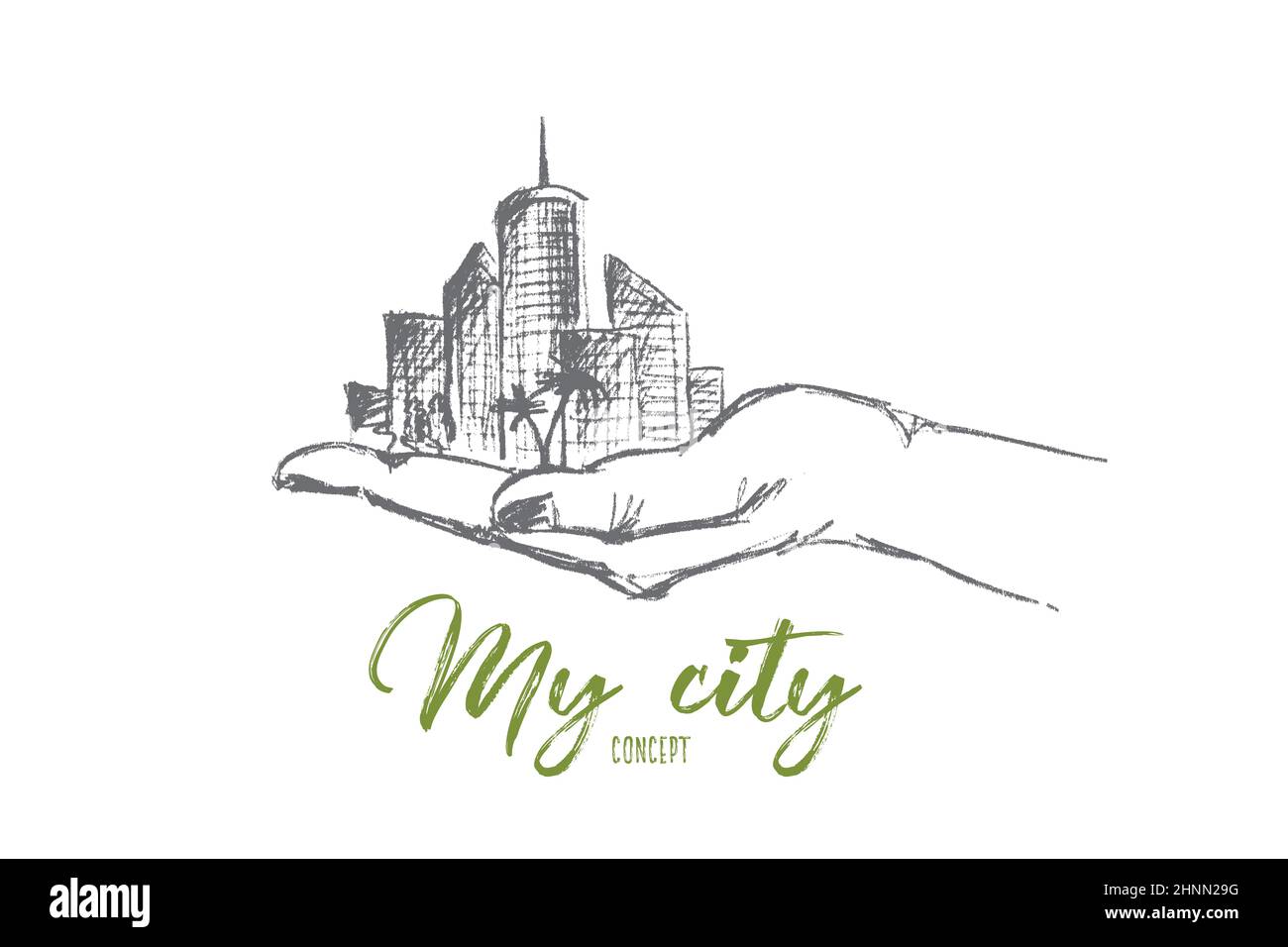 Vector dessiné à la main mon dessin de concept de ville. Partie de la grande ville avec des gratte-ciels et des arbres dans la main humaine. Lettrage du concept Ma ville Banque D'Images