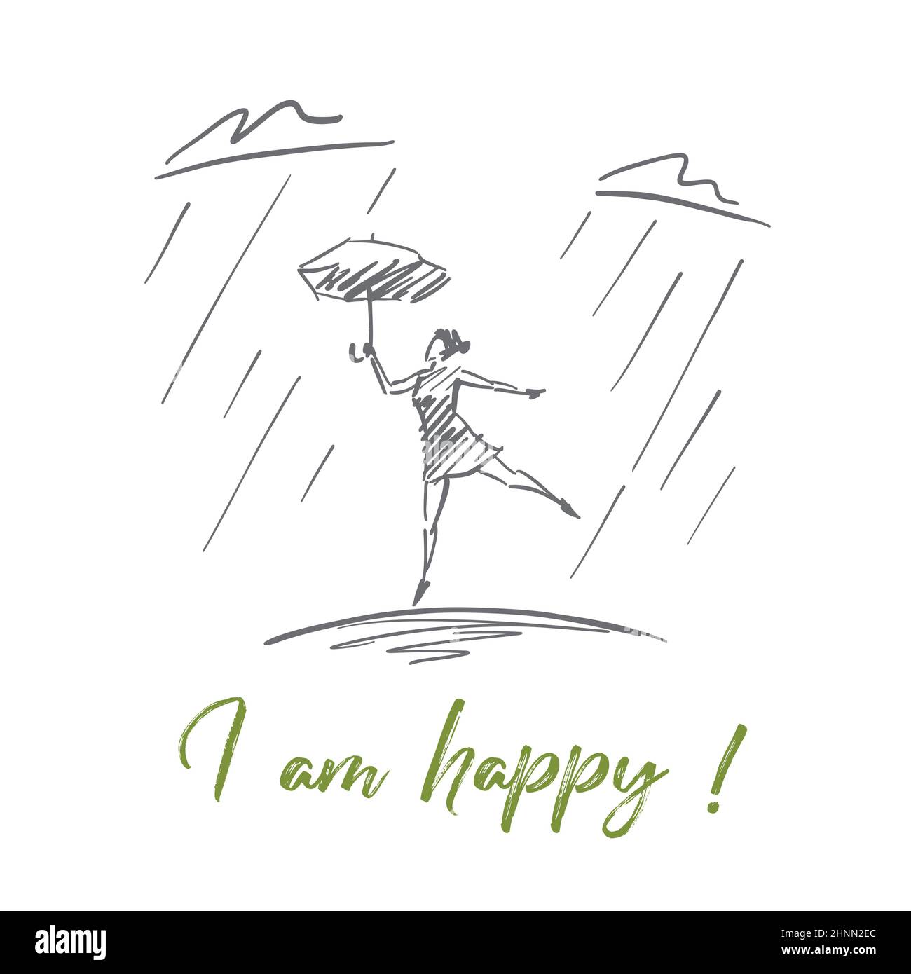 Vector dessiné à la main Je suis heureux esquisse de concept d'inspiration. Jeune femme tenant un parapluie et dansant seule sous une forte pluie. Lettrage Je suis heureux Banque D'Images