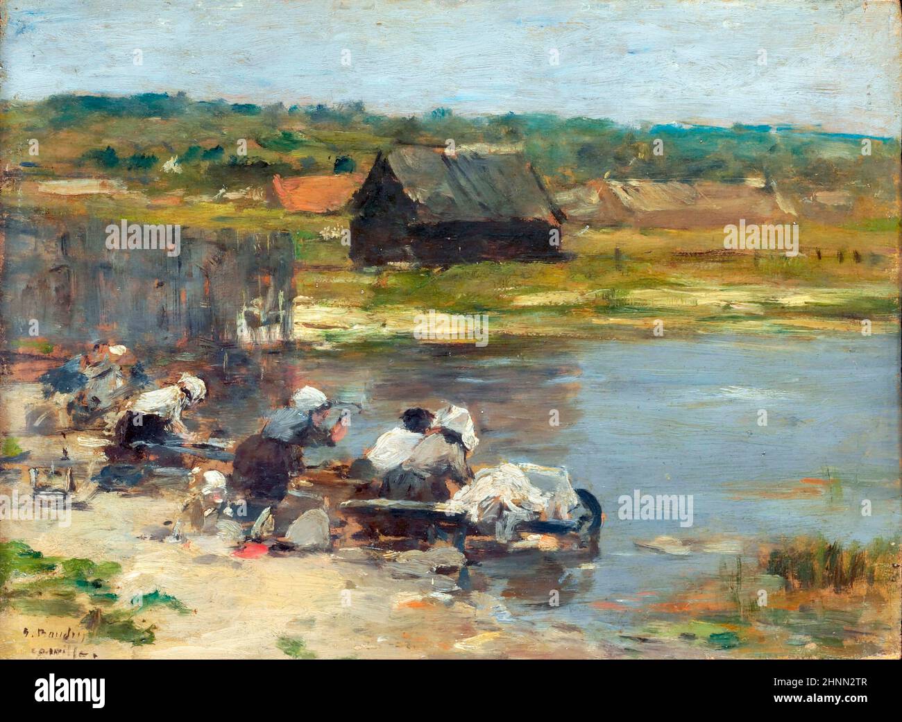 Washerwomen au bord de l'étang par Eugène Boudin (1824-1898), huile sur panneau, 1880/85 Banque D'Images