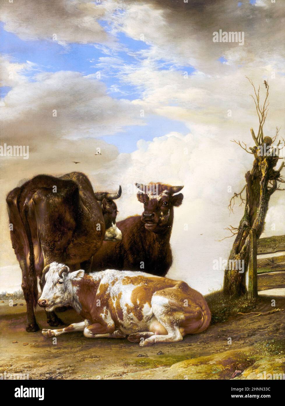 Deux vaches et un jeune taureau à côté d'une clôture dans un pré par Paulus Potter (1625-1654 ), huile sur panneau, 1647 Banque D'Images