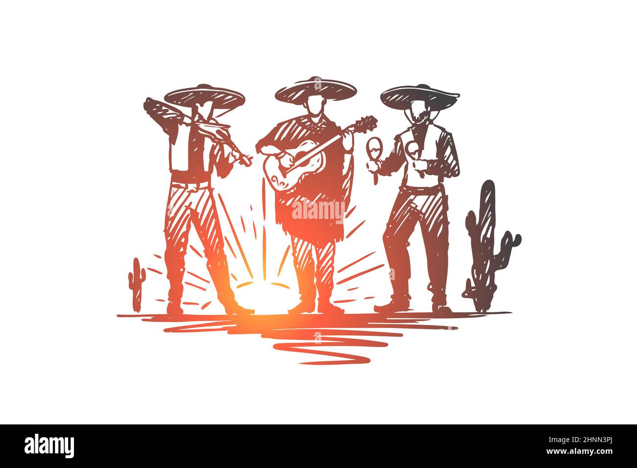 Mexicain, sombrero, cinco de mayo, concept de vacances. Des musiciens mexicains dessinés à la main jouant sur des instruments croquis de concept. Illustration vectorielle isolée. Banque D'Images