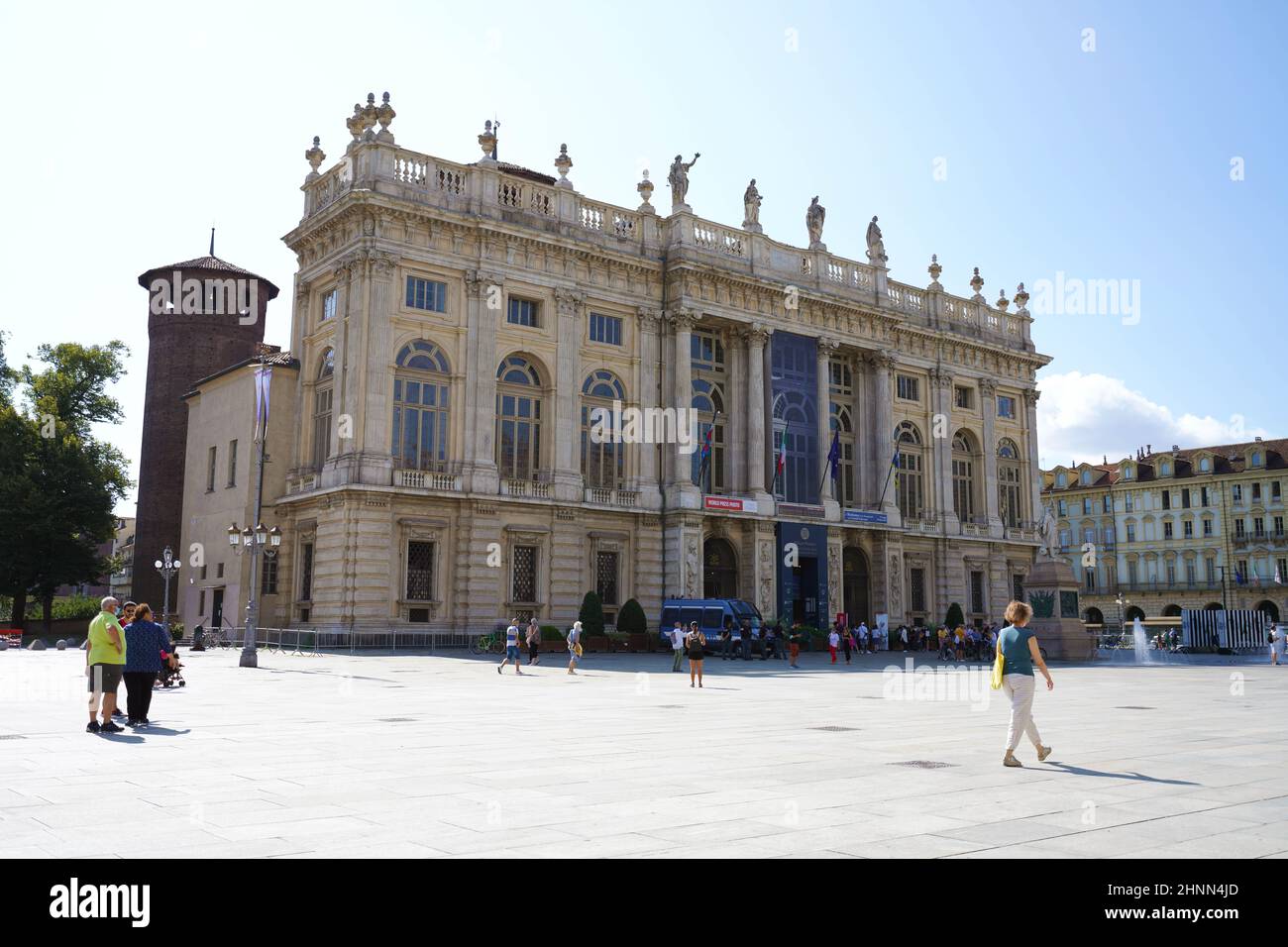 TURIN, ITALIE - 18 AOÛT 2021 : Palazzo Madama est un palais à Turin, siège du premier Sénat du Royaume d'Italie Banque D'Images