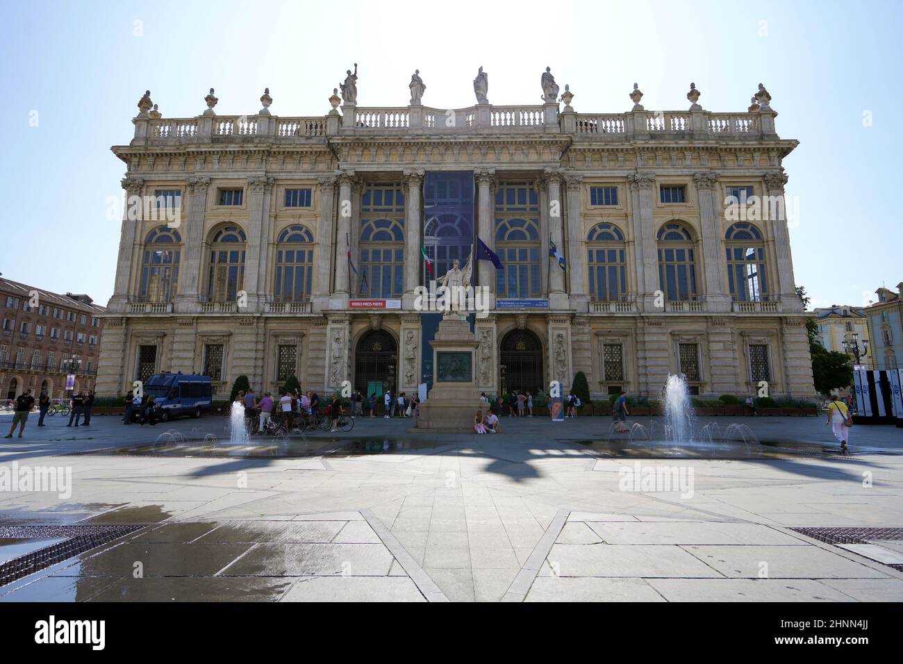 TURIN, ITALIE - 21 AOÛT 2021 : façade du Palazzo Madama est un palais à Turin siège du premier Sénat du Royaume d'Italie actuellement musée d'art Banque D'Images