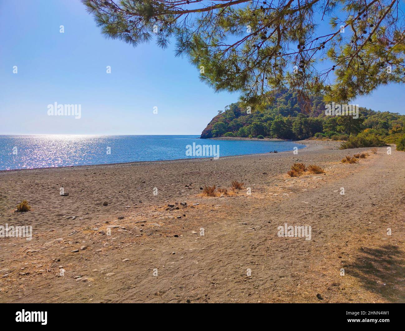 Vue sur la plage de pierre sur le site de l'ancienne ville lycienne de Phaselis. Site historique Banque D'Images