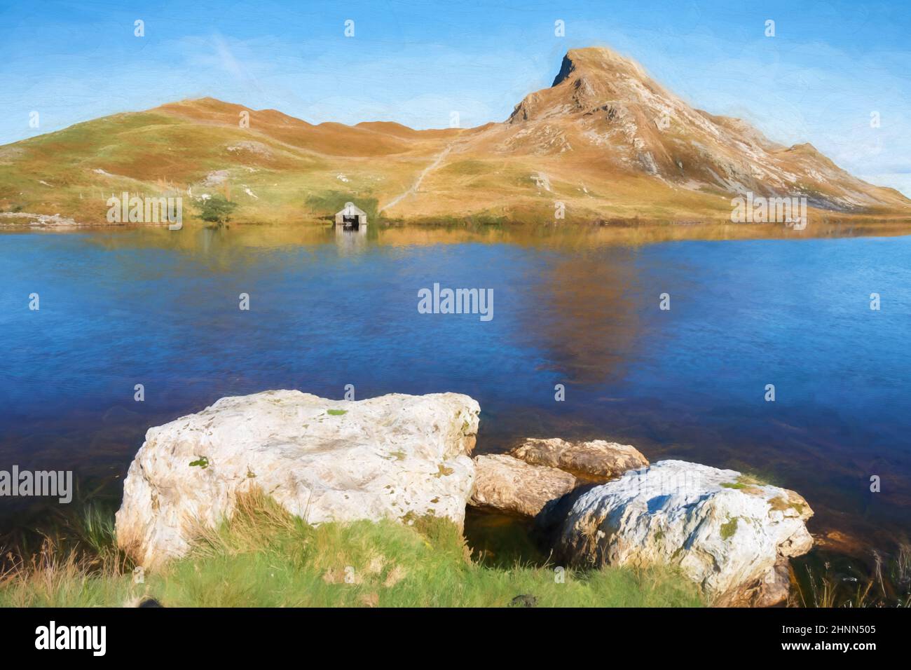Peinture numérique de la montagne Cefn-hir et du lac Cregennan pendant l'automne dans le parc national de Snowdonia, Dolgellau, pays de Galles, Royaume-Uni. Banque D'Images