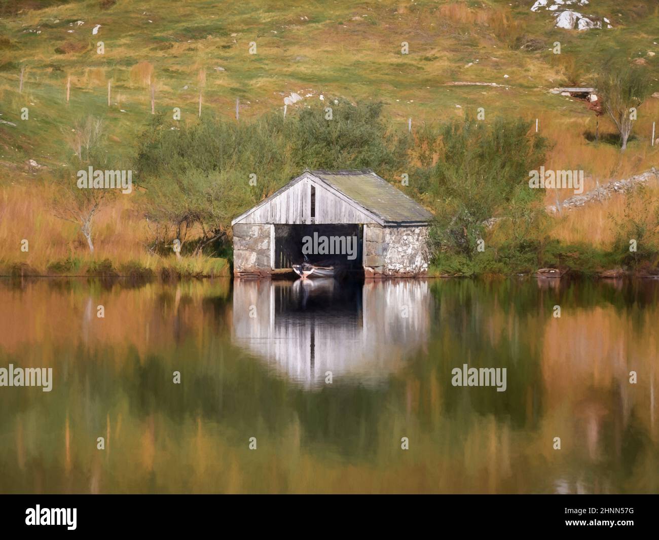 Peinture numérique d'une maison de bateau par la montagne de Cefn-hir et le lac Cregennan pendant l'automne dans le parc national de Snowdonia, Dolgellau, pays de Galles, Royaume-Uni. Banque D'Images