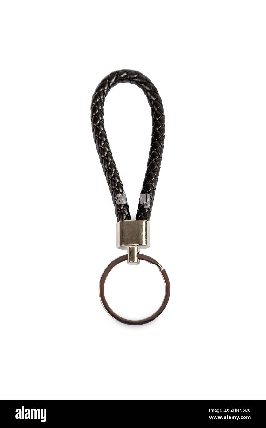 porte-clés corde en cuir noir isolé sur fond blanc Banque D'Images