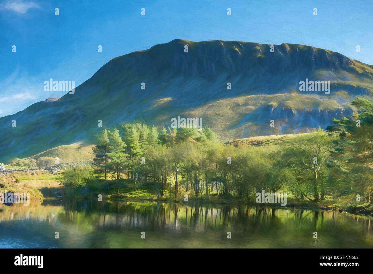 Peinture numérique d'une vue sur Penygader, la chaîne de montagnes Cadair Idris et le lac Cregennan pendant l'automne dans le parc national de Snowdonia, Dolgellau, Mei Banque D'Images