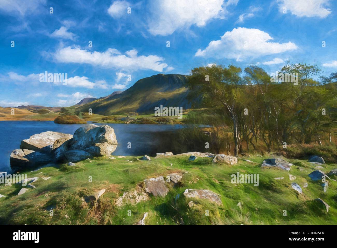 Peinture numérique d'une vue sur Penygader, la chaîne de montagnes Cadair Idris et le lac Cregennan pendant l'automne dans le parc national de Snowdonia, Dolgellau, Mei Banque D'Images