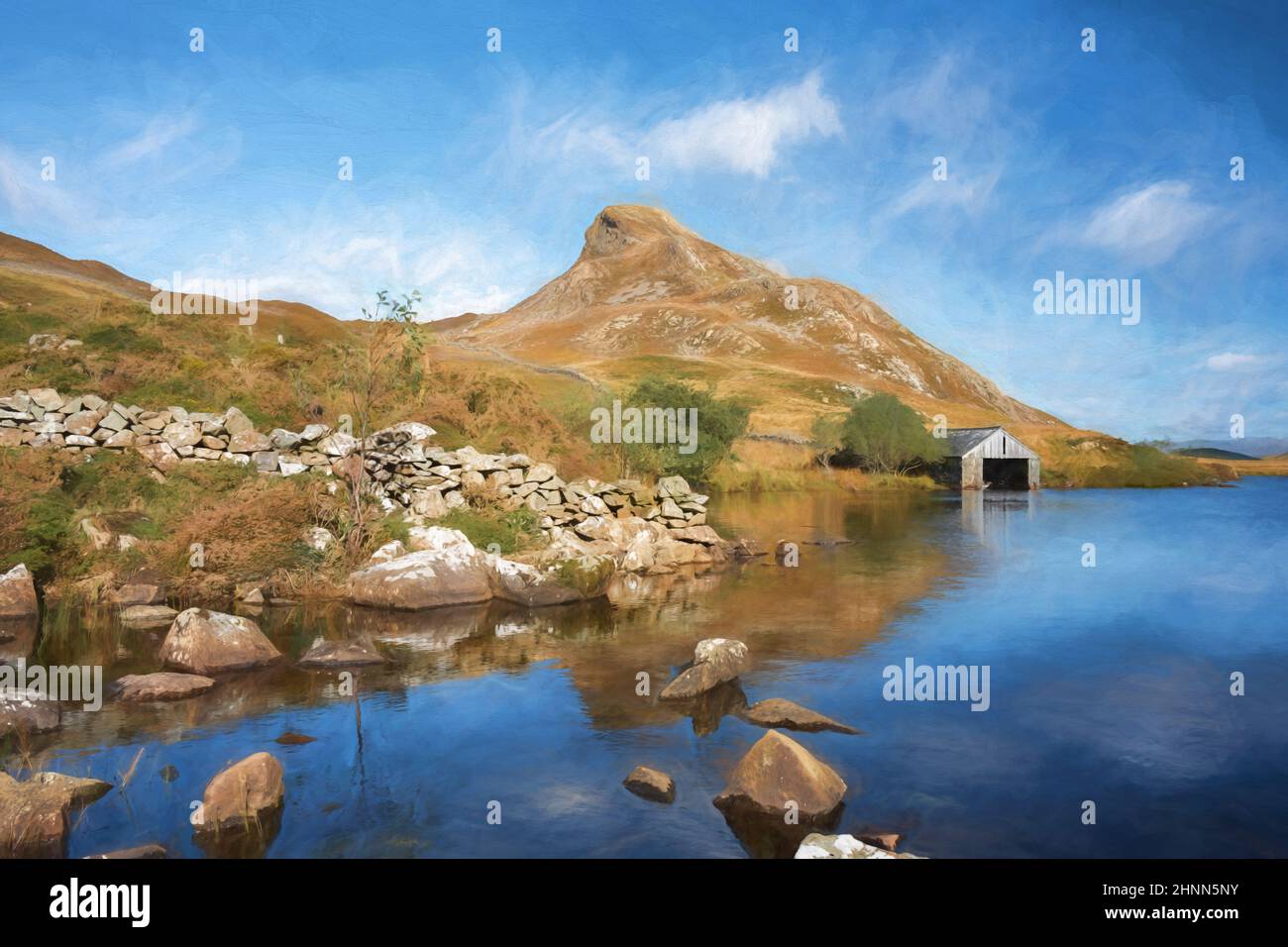 Peinture numérique de la montagne Cefn-hir et du lac Cregennan pendant l'automne dans le parc national de Snowdonia, Dolgellau, pays de Galles, Royaume-Uni. Banque D'Images
